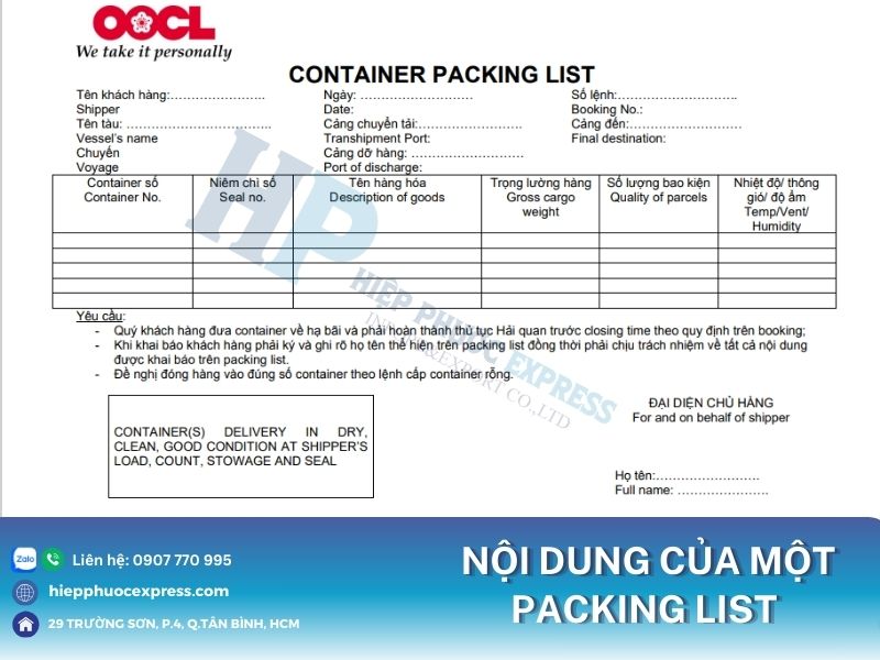 noi dung cua packing list