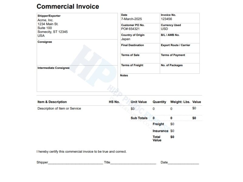 commercial invoice mau 1