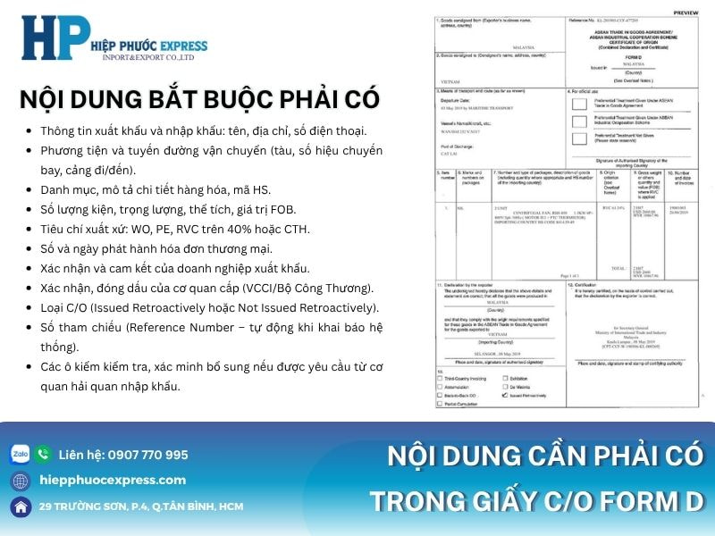 Nội dung cần phải có trong C/O FORM D